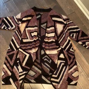 Fun Flattering cardigan cream navy purple tones